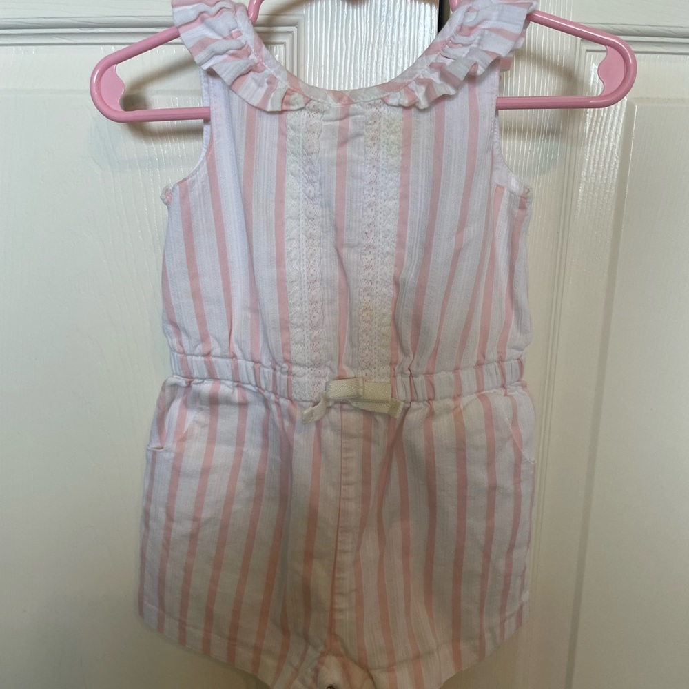 Janie and Jack 12-18 month romper. Pink and white. Some discoloration.